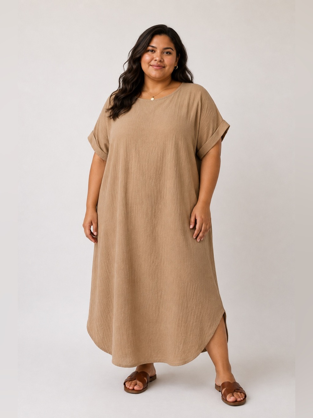 SHEIN Curve Women’s 2XL Tan Beige Textured Short Sleeve Midi Maxi Dress